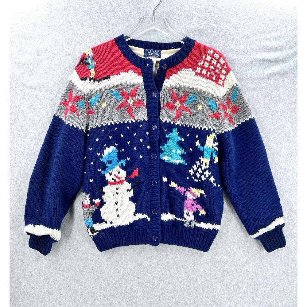 Vintage WOOLRICH Wool Knit LINED CARDIGAN Sweater Size M Holiday Snowman Winter